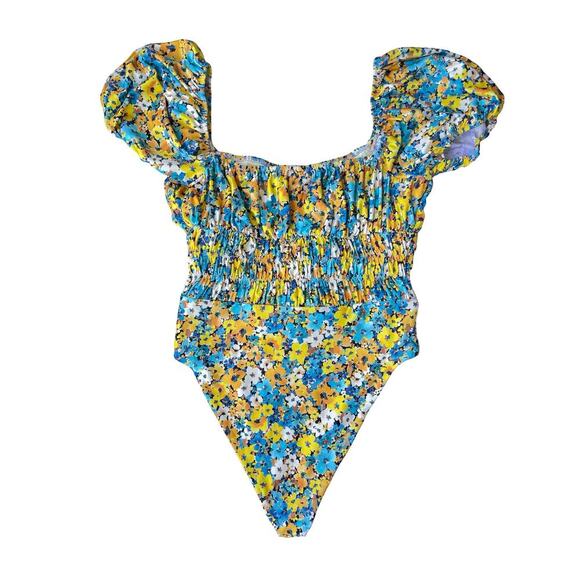 L*Space Marilyn One-Piece Swimsuit Daisy Diamond Puff Sleeves Smocked - Size 8 - Picture 9 of 16